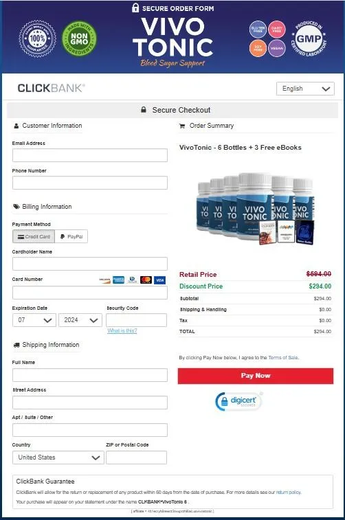 Vivo Tonic Checkout page